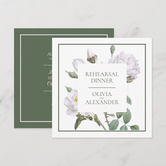 Wedding Rehearsal Dinner White Roses Invitation (Front/Back)