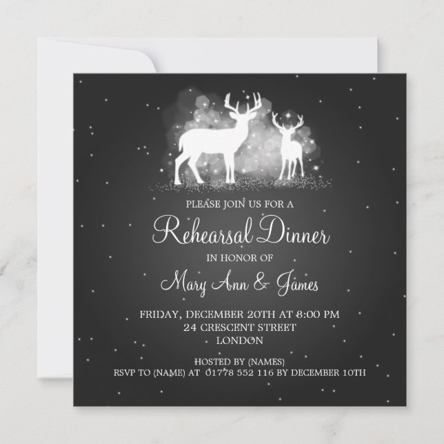 Wedding Rehearsal Dinner Winter Deer Sparkle Black Invitation (Front)