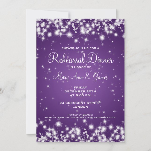 Wedding Rehearsal Dinner Winter Sparkle Purple Invitation (Front)
