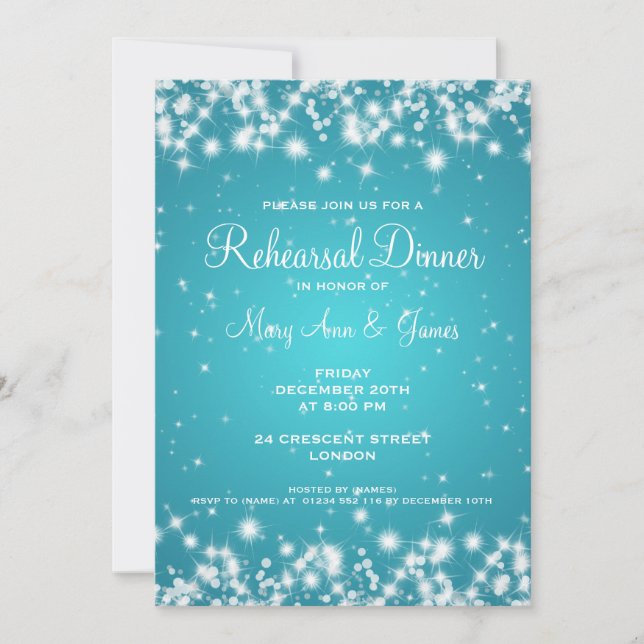 Wedding Rehearsal Dinner Winter Sparkle Turquoise Invitation (Front)