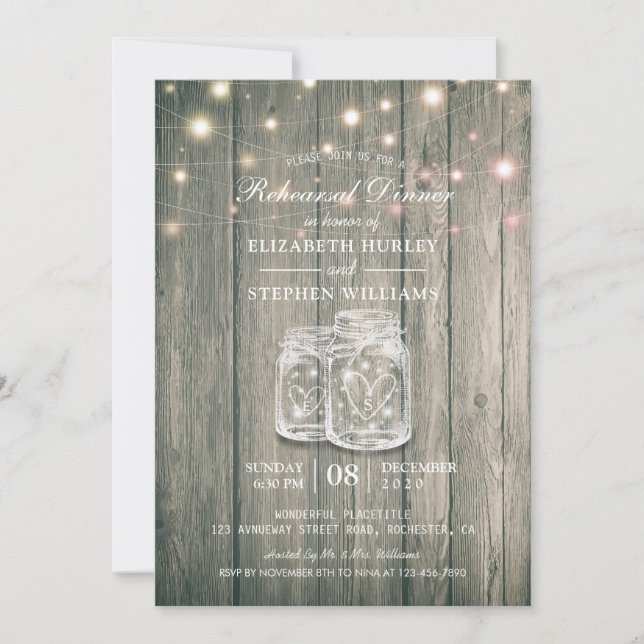 Wedding Rehearsal Dinner Wood Jars String Lights Invitation (Front)