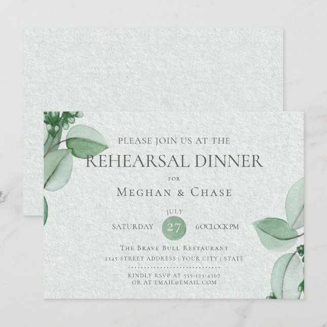 Wedding Rehearsal  | Elegant Watercolor Eucalyptus Invitation (Front/Back)