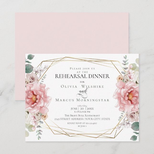 Wedding Rehearsal | Pink Watercolor Peonies Invitation (Front/Back)