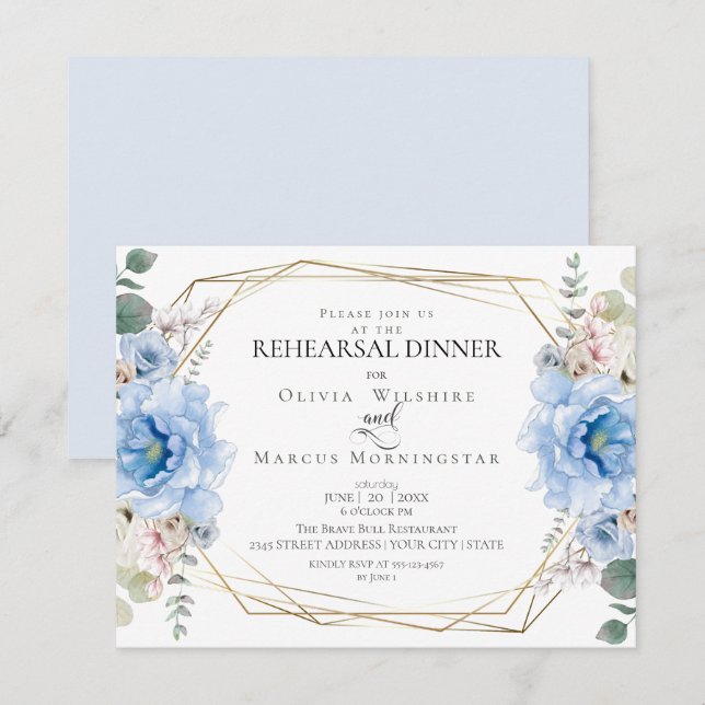 Wedding Rehearsal | Watercolor Sky Blue Peonies Invitation (Front/Back)