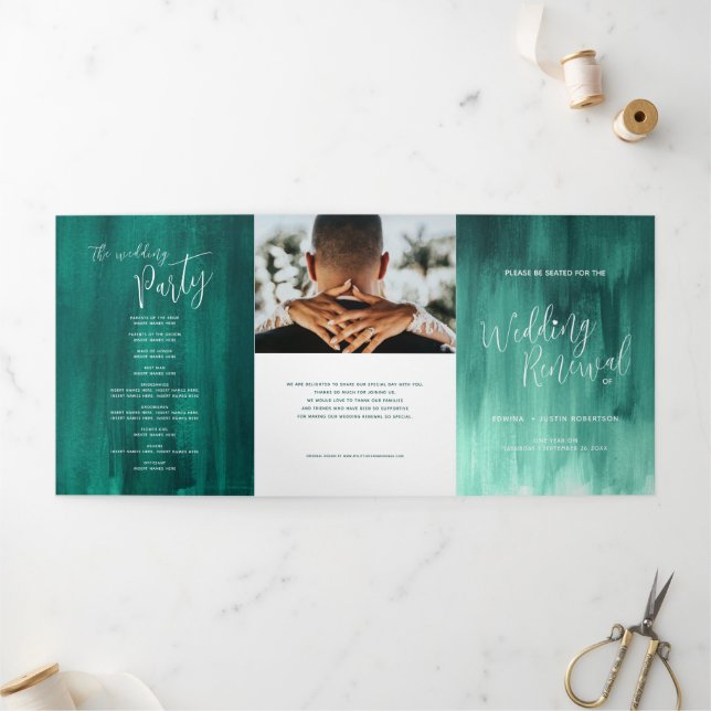 Wedding renewal ceremony emerald green abstract Tr Tri-Fold Programme (Outside)