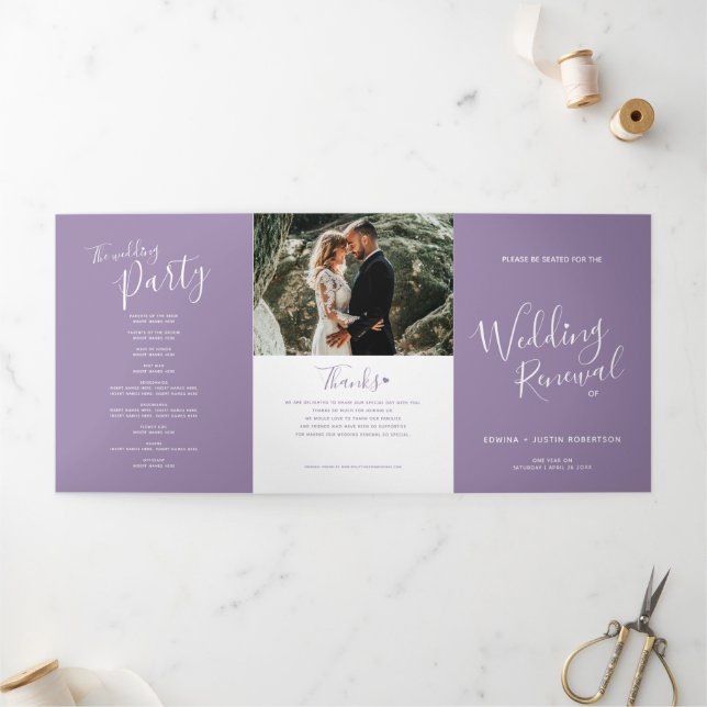 Wedding renewal ceremony purple and white program Tri-Fold programme (Outside)