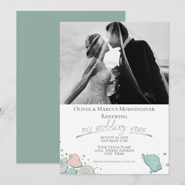 Wedding Renewal Modern Seashell Coral Teal Invitation (Front/Back)
