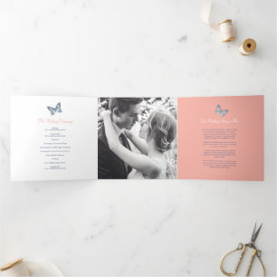 Wedding renewal program coral dark blue butterfly Tri-Fold programme