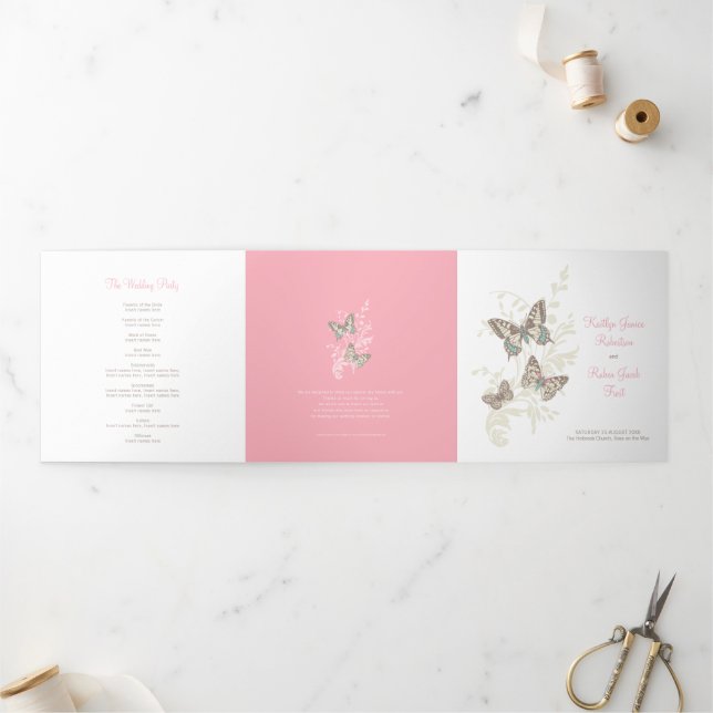 Wedding renewal program pink brown butterflies Tri-Fold programme (Outside)