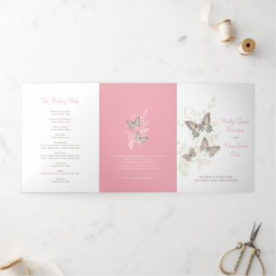 Wedding renewal program pink brown butterflies Tri-Fold programme