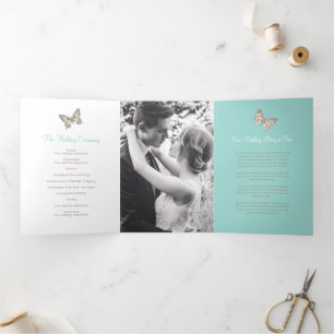 Wedding renewal program teal aqua butterflies Tri-Fold programme