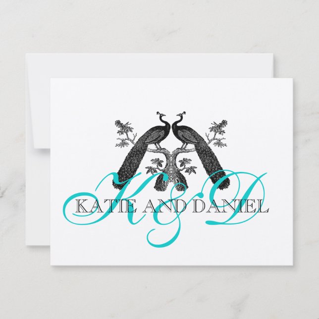 Wedding Reply Cards Peacocks Monogram Silver (Front)