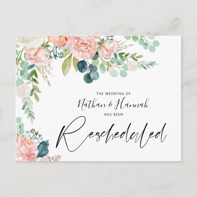 Wedding Rescheduled Blush Pink Floral Changed Date Announcement Postcard (Front)