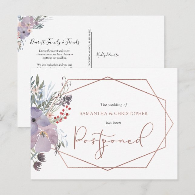 Wedding Rescheduled Floral Geometric Changed Date Announcement Postcard (Front/Back)
