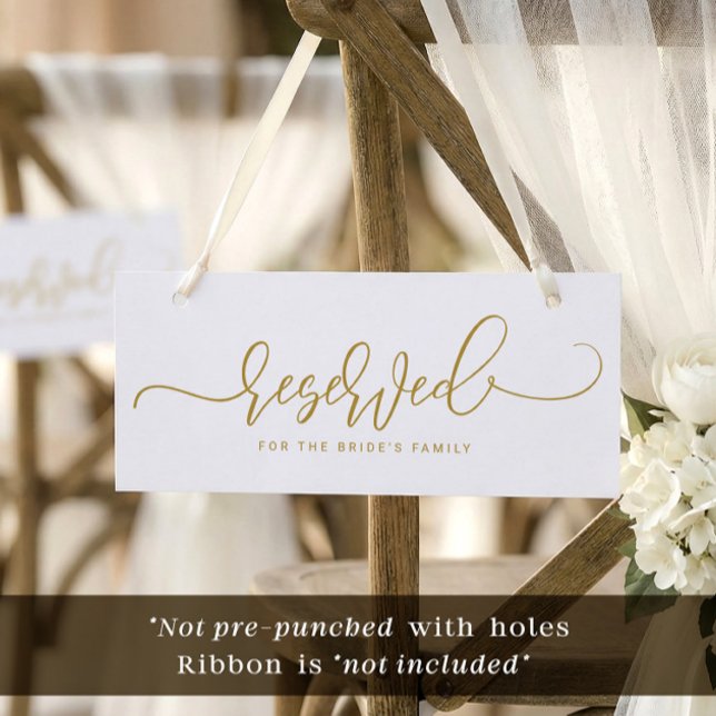 Wedding Reserved Sign Bouncy Script Flat Gold Invitation (Gold and white bouncy swirly script wedding and event reserved cards. Not hole punched. No ribbon.)