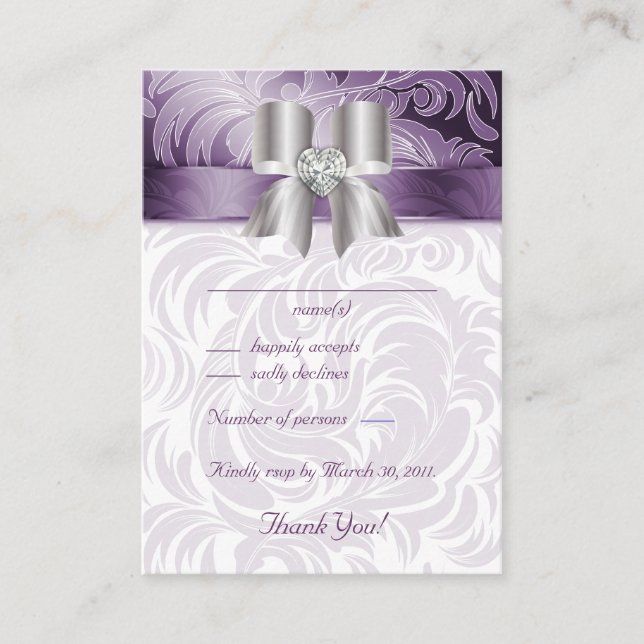 Wedding Response Cards Floral Leaf Purple Bow (Front)