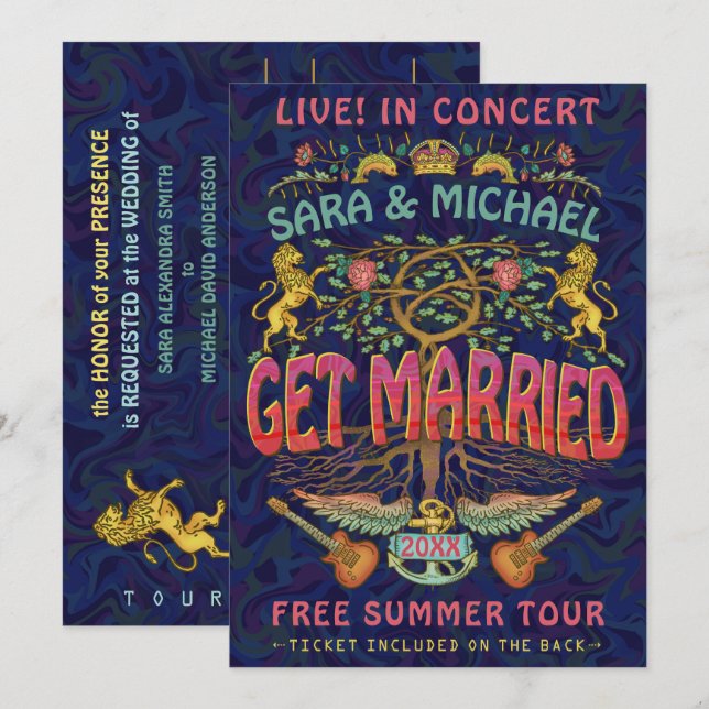 Wedding Retro 70s Band Concert Ticket Theme Invitation (Front/Back)