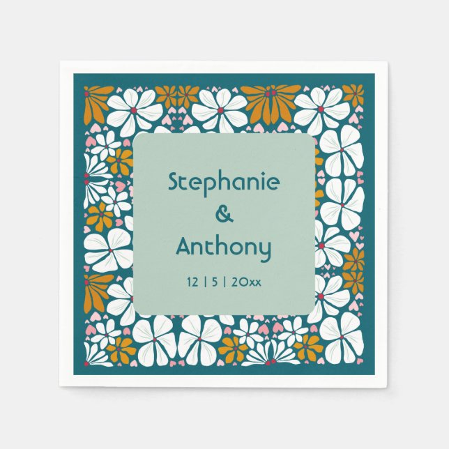 Wedding Retro Flowers Groovy 70s Boho Napkin (Front)