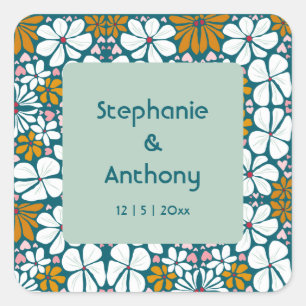 Wedding Retro Flowers Groovy 70s Boho Square Sticker