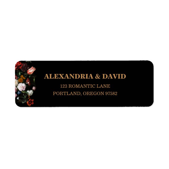 Wedding Return Address Label Dark Black Floral (Front)