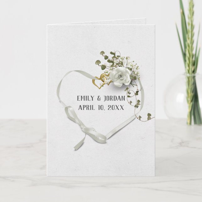 Wedding Ribbon and Gold Heart Rings Card (Front)