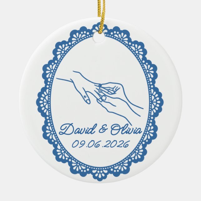 Wedding Ring Couple Names & Date Keepsake Ceramic Tree Decoration (Front)