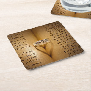 Wedding Ring Heart Shadow On Bible Square Paper Coaster