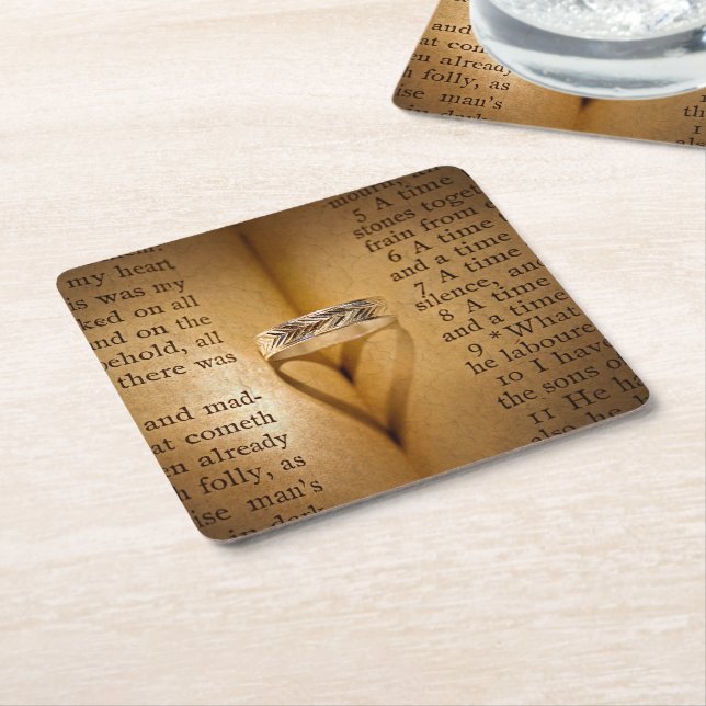 Wedding Ring Heart Shadow On Bible  Square Paper Coaster (Angled)