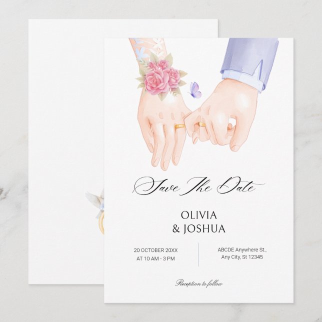 Wedding ring holding hands soft elegant wedding save the date (Front/Back)