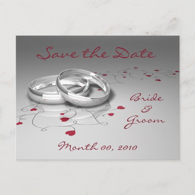 Wedding Rings and Hearts Save the Date Postcards (Front)
