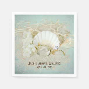 Wedding Rings and Seashells in Sand Napkin