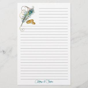 Wedding Rings and Teal Peacock Feather Lined Stationery