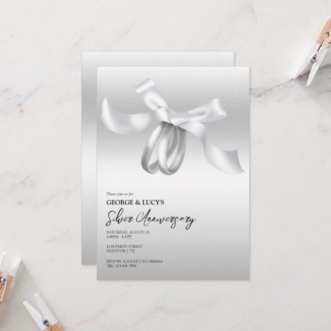 Wedding Rings & Bow Silver Wedding Anniversary Invitation (Front/Back In Situ)
