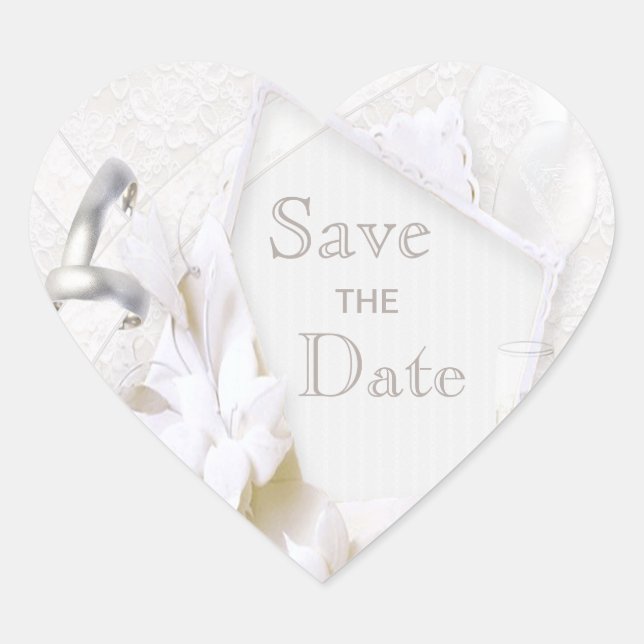 Wedding Rings & Champagne Glasses Save The Date Heart Sticker (Front)