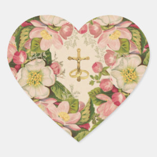 Wedding Rings Cross Vintage Cherry Blossoms Heart Sticker