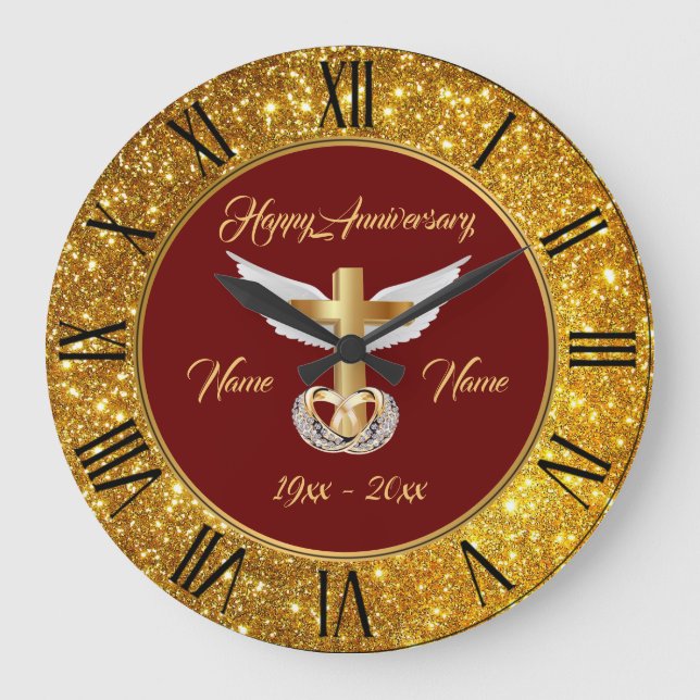Wedding Rings Customise Gold Cross Anniversary Large Clock (Front)