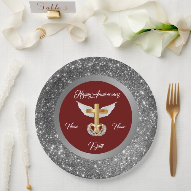 Wedding Rings Customise Silver Cross Anniversary Paper Plate (Wedding)
