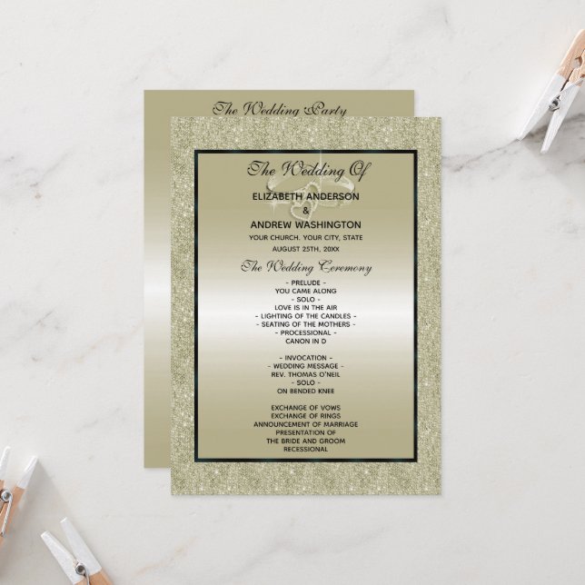 Wedding Rings, Gold Glitter Wedding Programme (Front/Back In Situ)