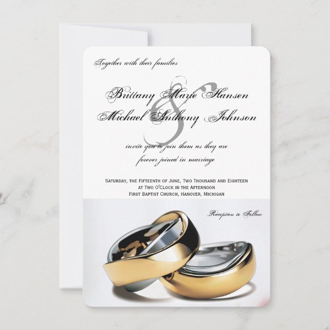 Wedding Rings Gold & Silver Wedding Invitation (Front)