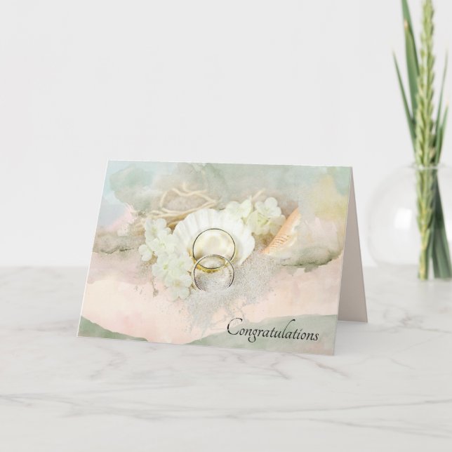 Wedding Rings in Seashell and Sand Card (Front)