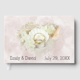 Wedding Rings in Seashell and Sand Guest Book