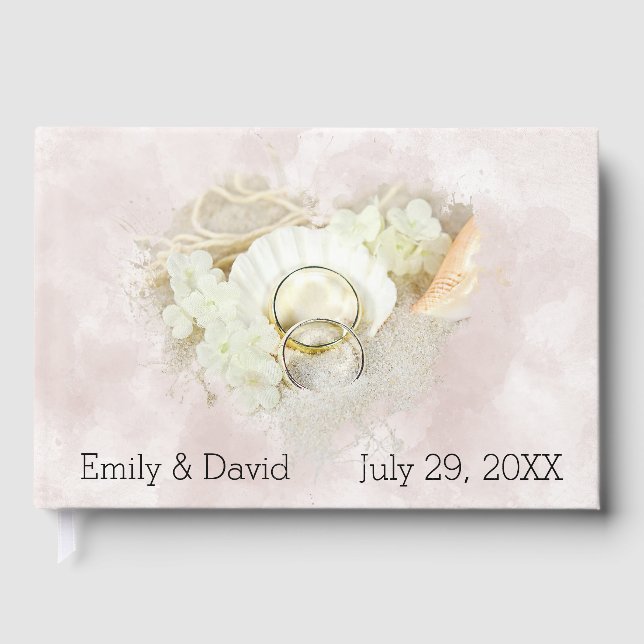 Wedding Rings in Seashell and Sand Guest Book (Front)