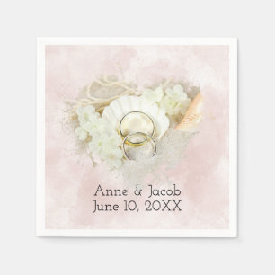 Wedding Rings in Seashell and Sand Heart Napkin