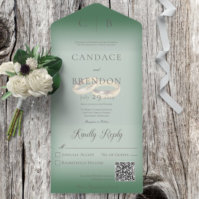 Wedding Rings Modern Emerald Green QR Code All In One Invitation (Creator Uploaded)