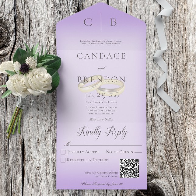 Wedding Rings Modern Lavender QR Code All In One Invitation (Creator Uploaded)