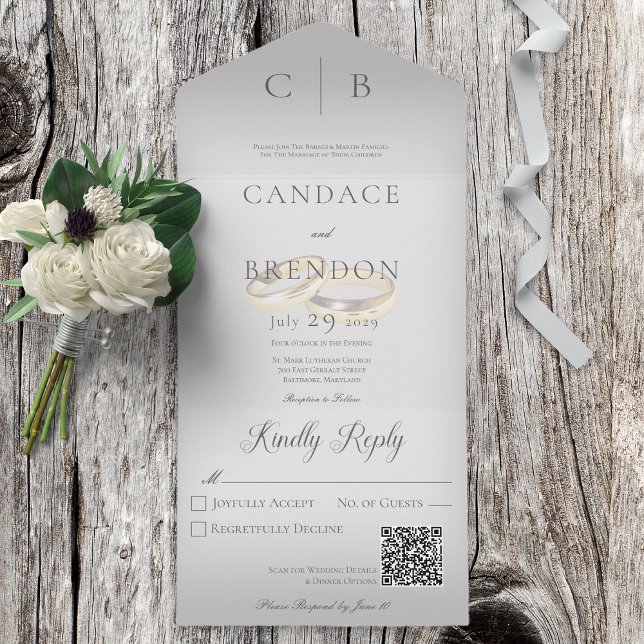 Wedding Rings Modern Silver Grey QR Code All In One Invitation (Creator Uploaded)