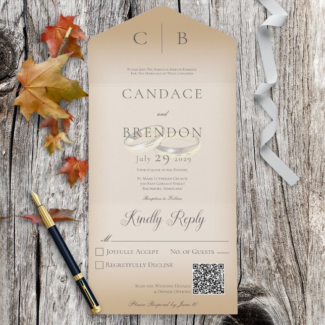 Wedding Rings Modern Tan QR Code All In One Invitation (Creator Uploaded)