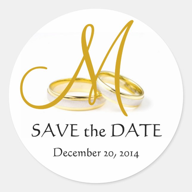 Wedding Rings Monogram Save the Date Stickers Gold (Front)