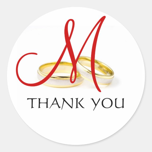 Wedding Rings Monogram Thank You Stickers Red (Front)
