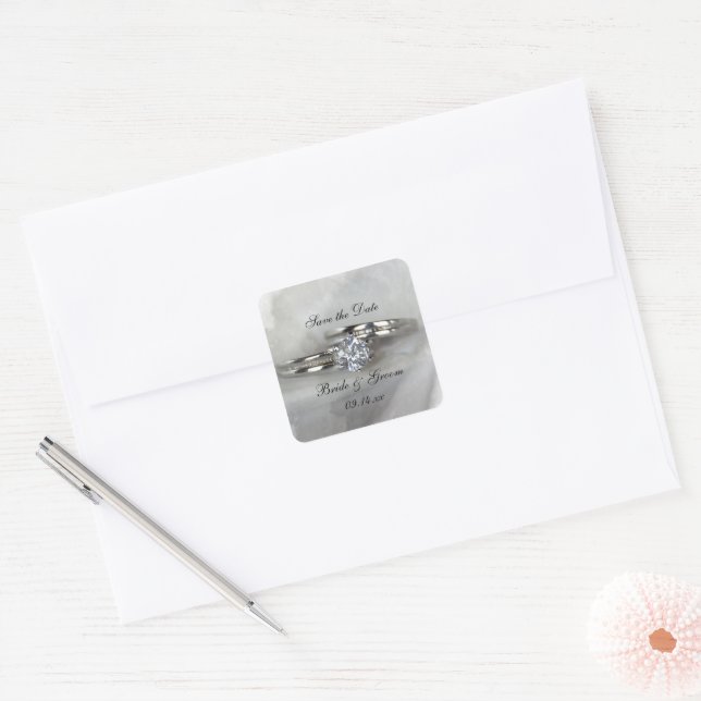 Wedding Rings on Grey Save the Date Square Sticker (Envelope)